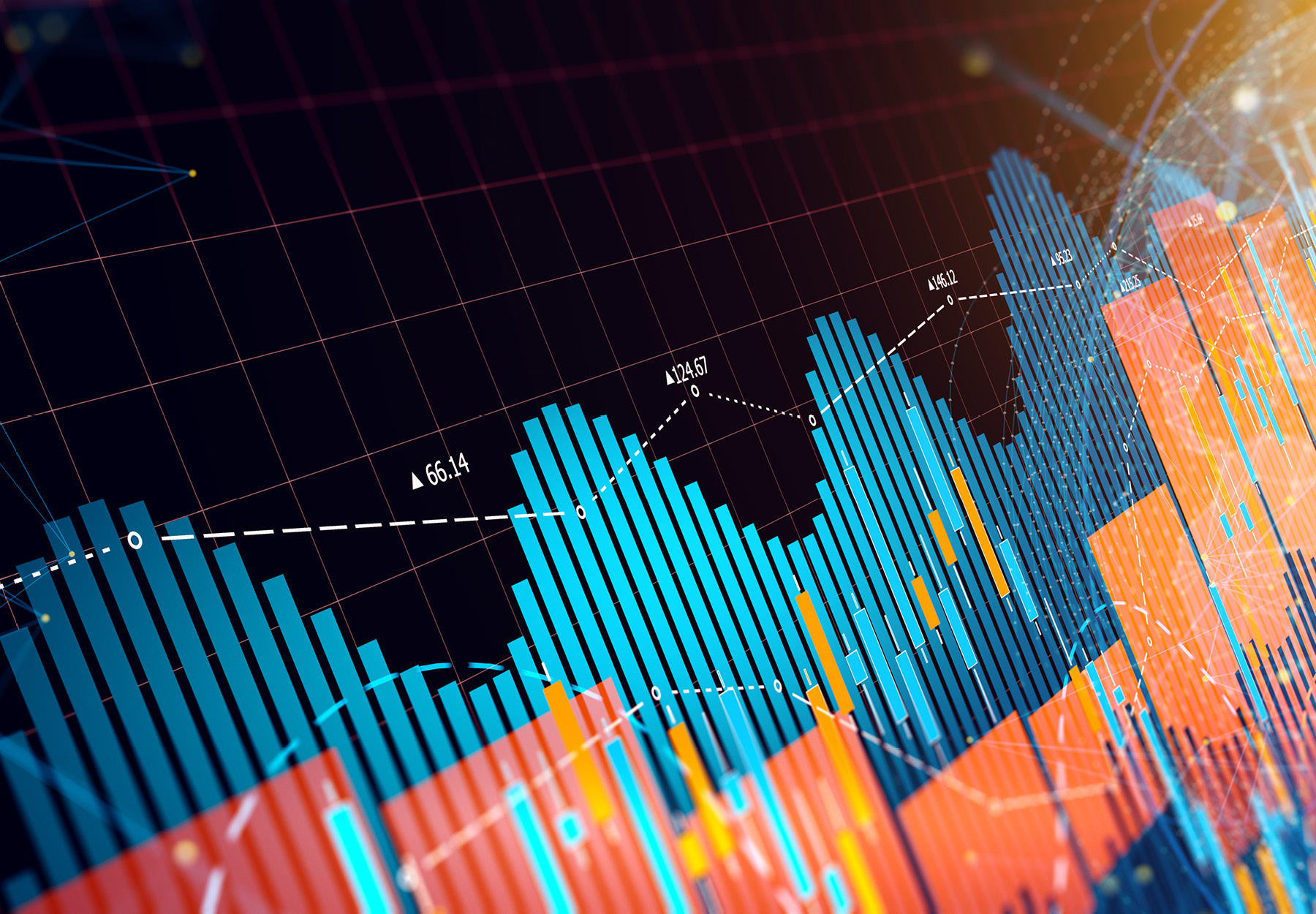 Abstract graph image in black, blue, and orange, showing market ups and downs. Earnings report concept. iStock image.