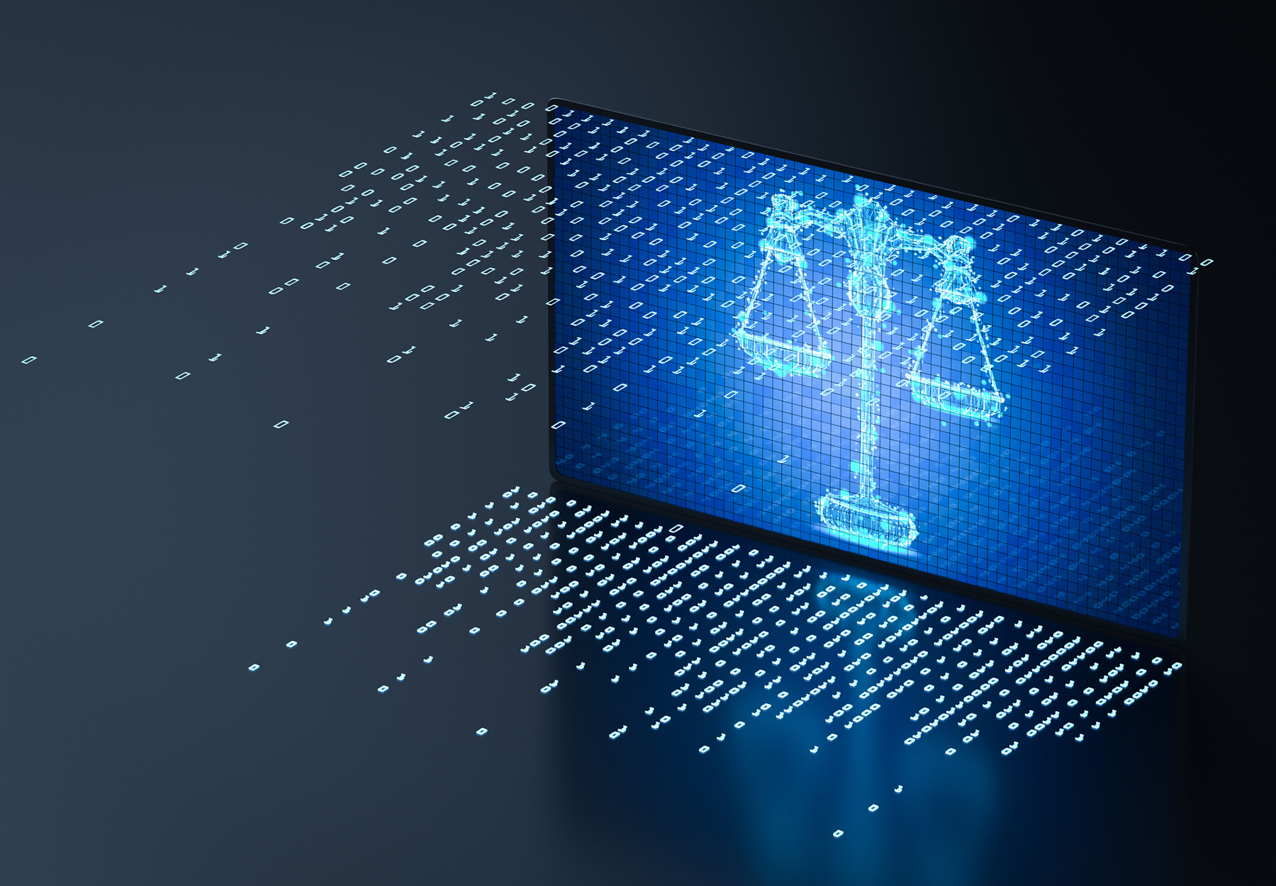 Cyber law concept with 3d rendering digital screen display scale law. Artificial intelligence law. iStock image.