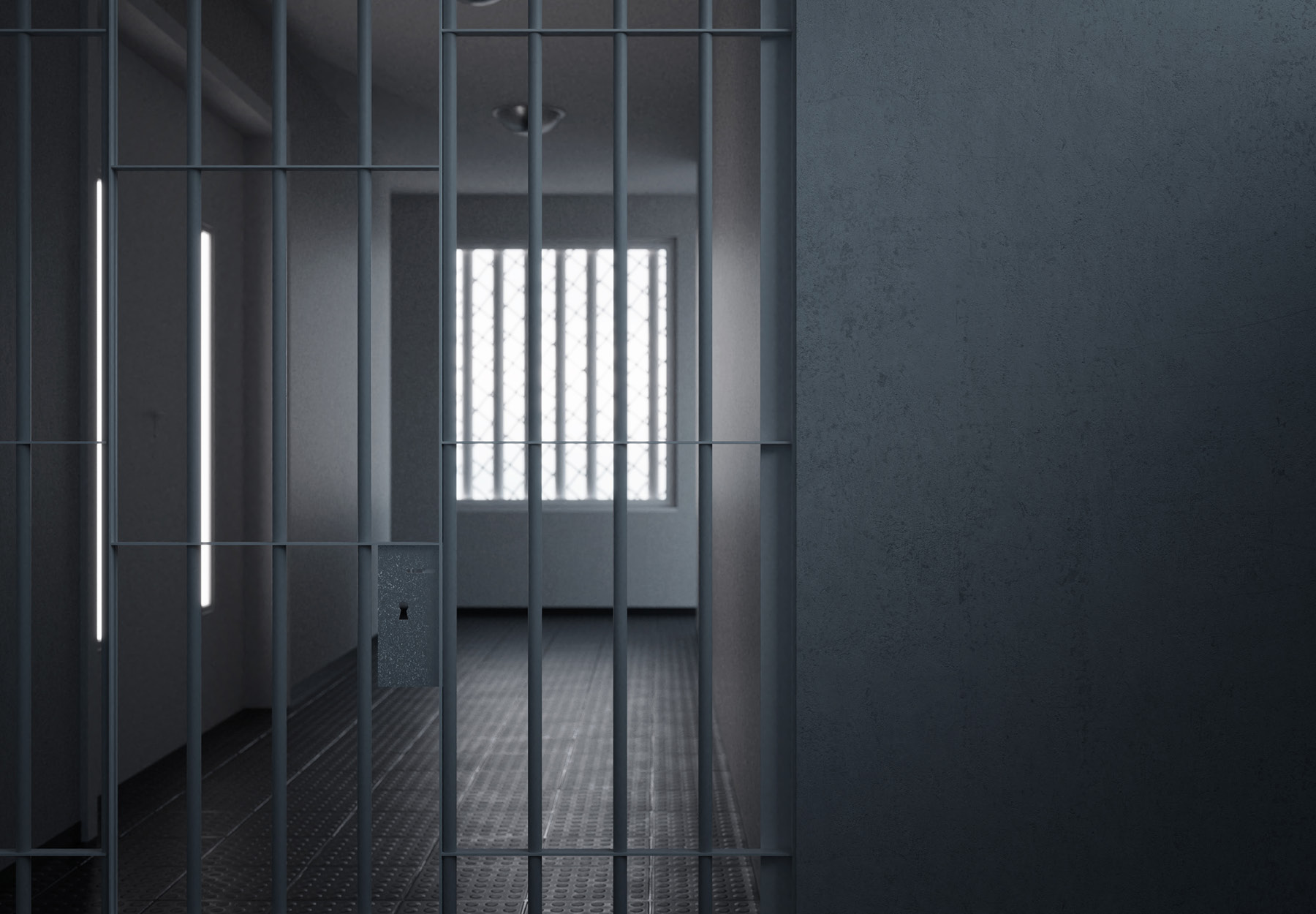 3d rendering of grunge prison wall next to the corridor with stanchions. Prison time concept. iStock image.