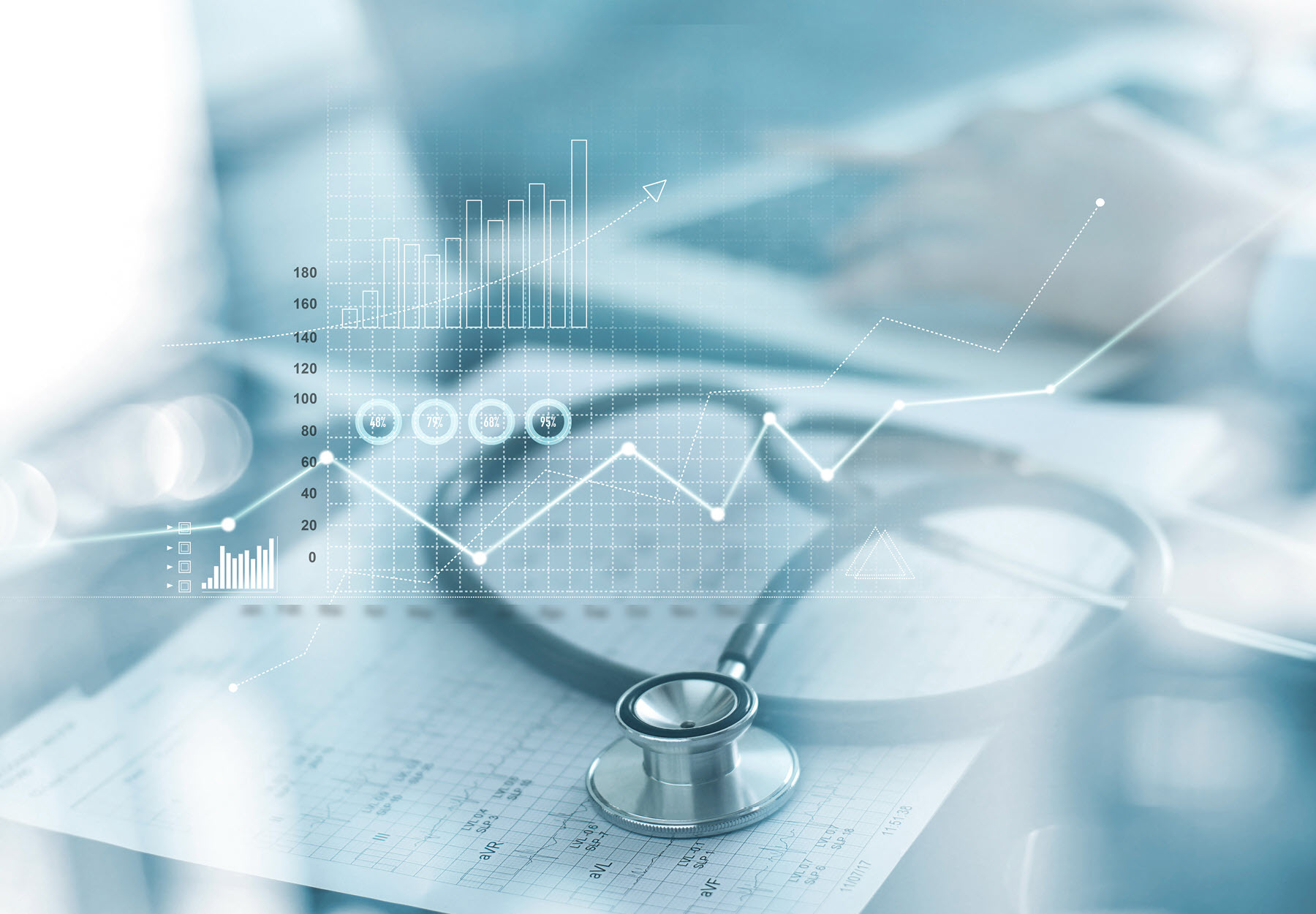 Someone typing on laptop with papers and stethoscope nearby. Graphical overlay of graph with numbers trending upward. Healthcare industry concept. Light blue tones. iStock image.