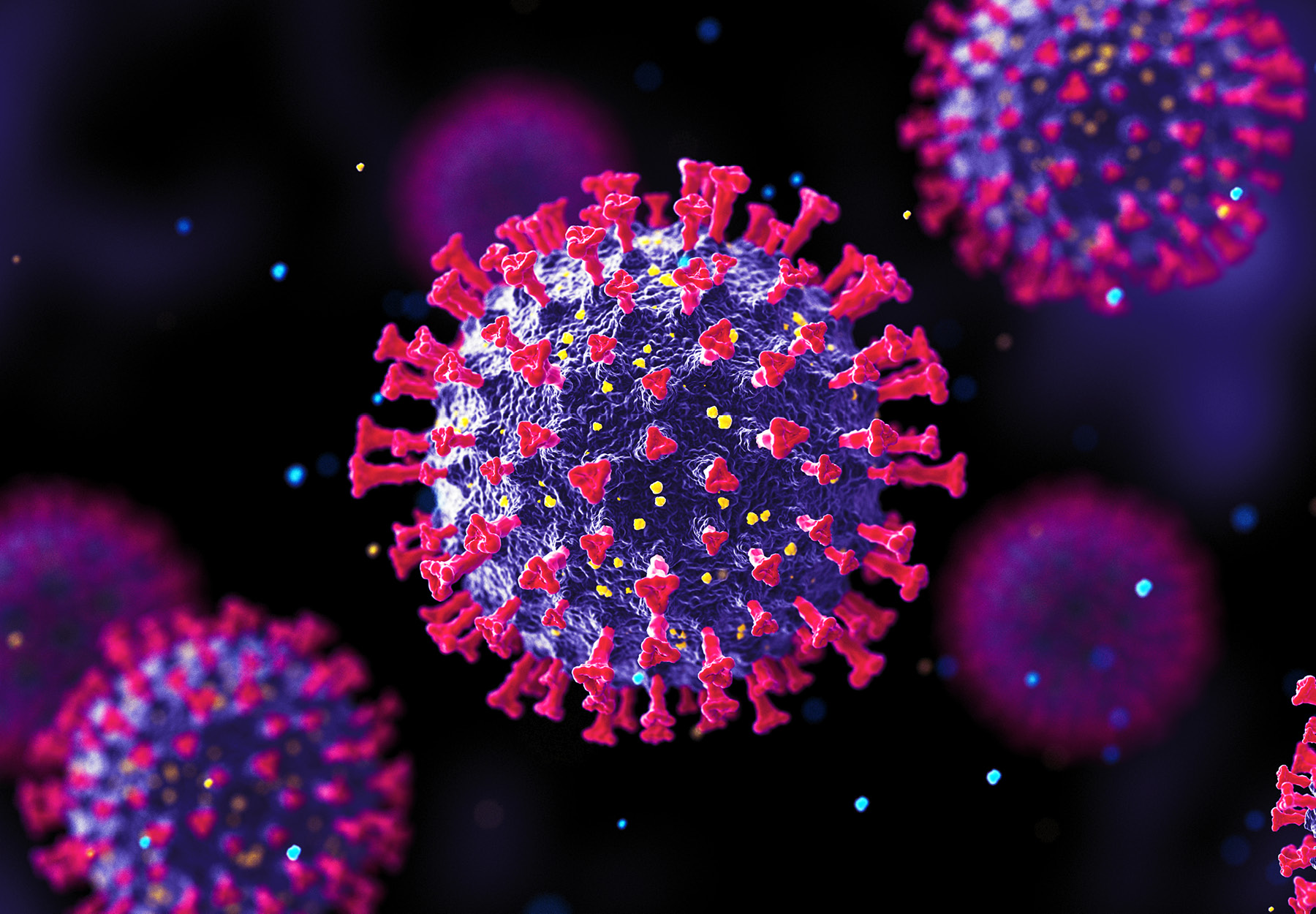 Purple, red, and black COVID-19 virus illustration. iStock image.