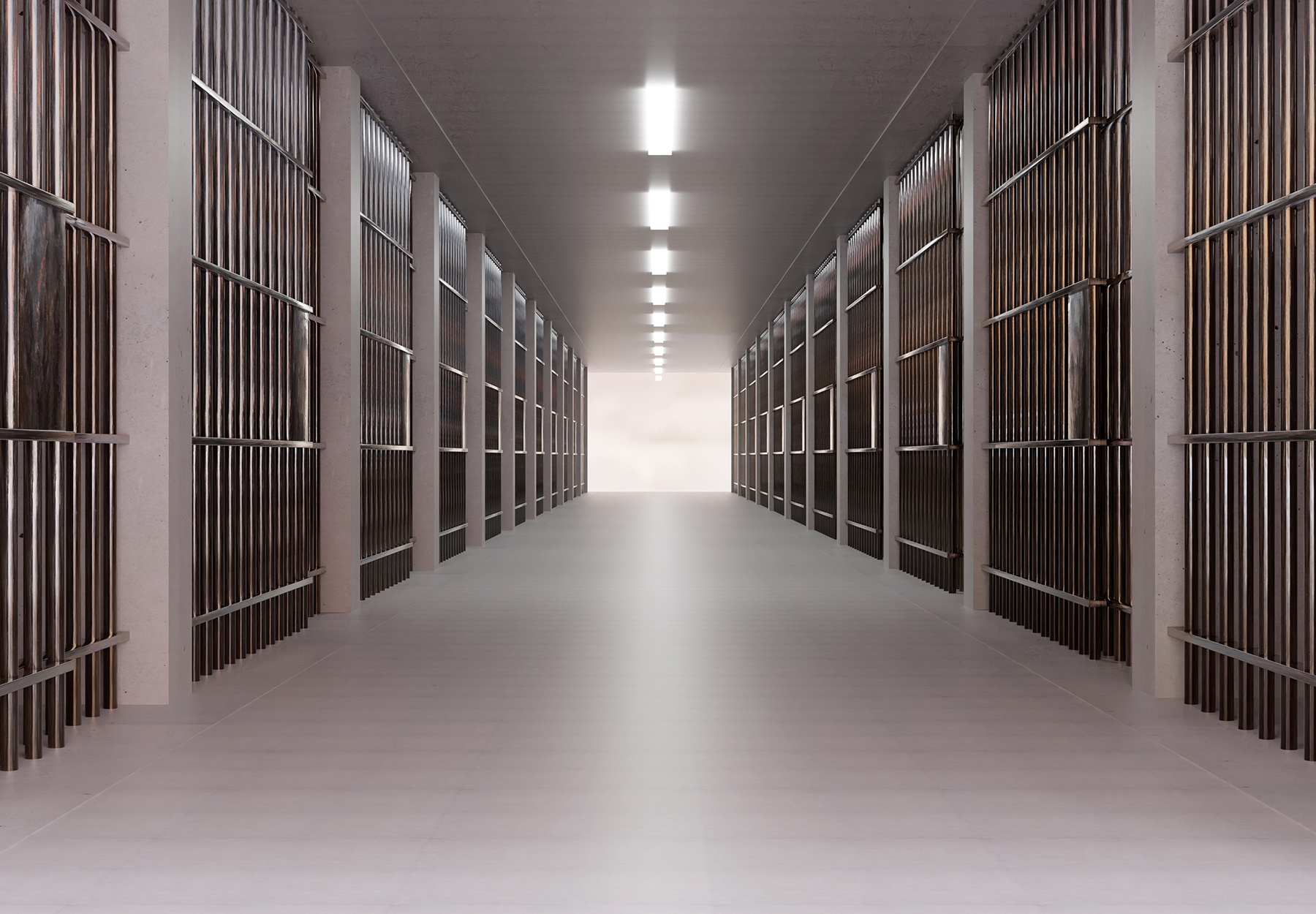Prison facility hall interior, jail cell with metal bars and empty building corridor, dark background. Conviction and incarceration concept, 3d render. Prison time. iStock image.