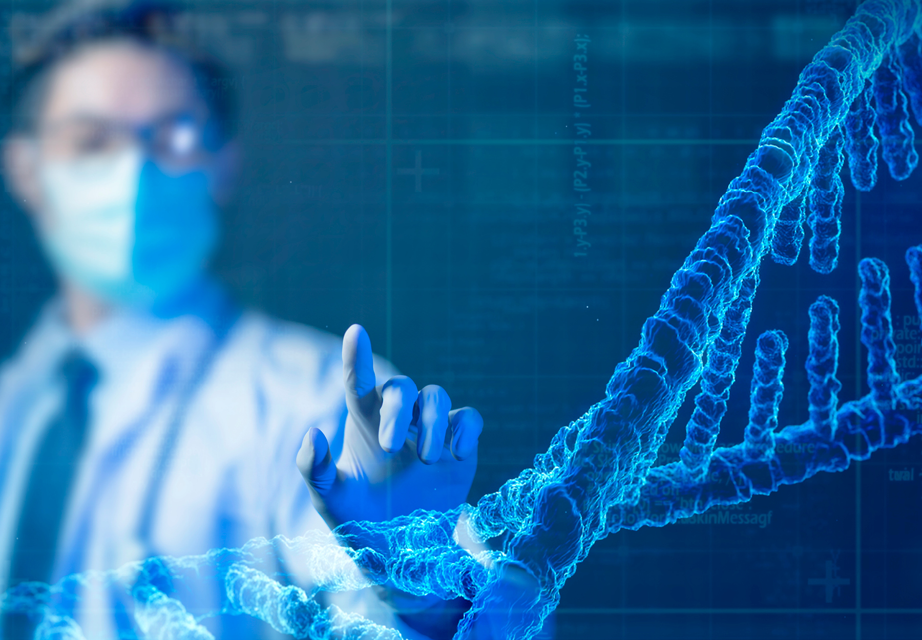 Photo illustration of laboratory professional in full PPE pointing to blue graphical display of DNA strand. Genetic testing concept. iStock image.