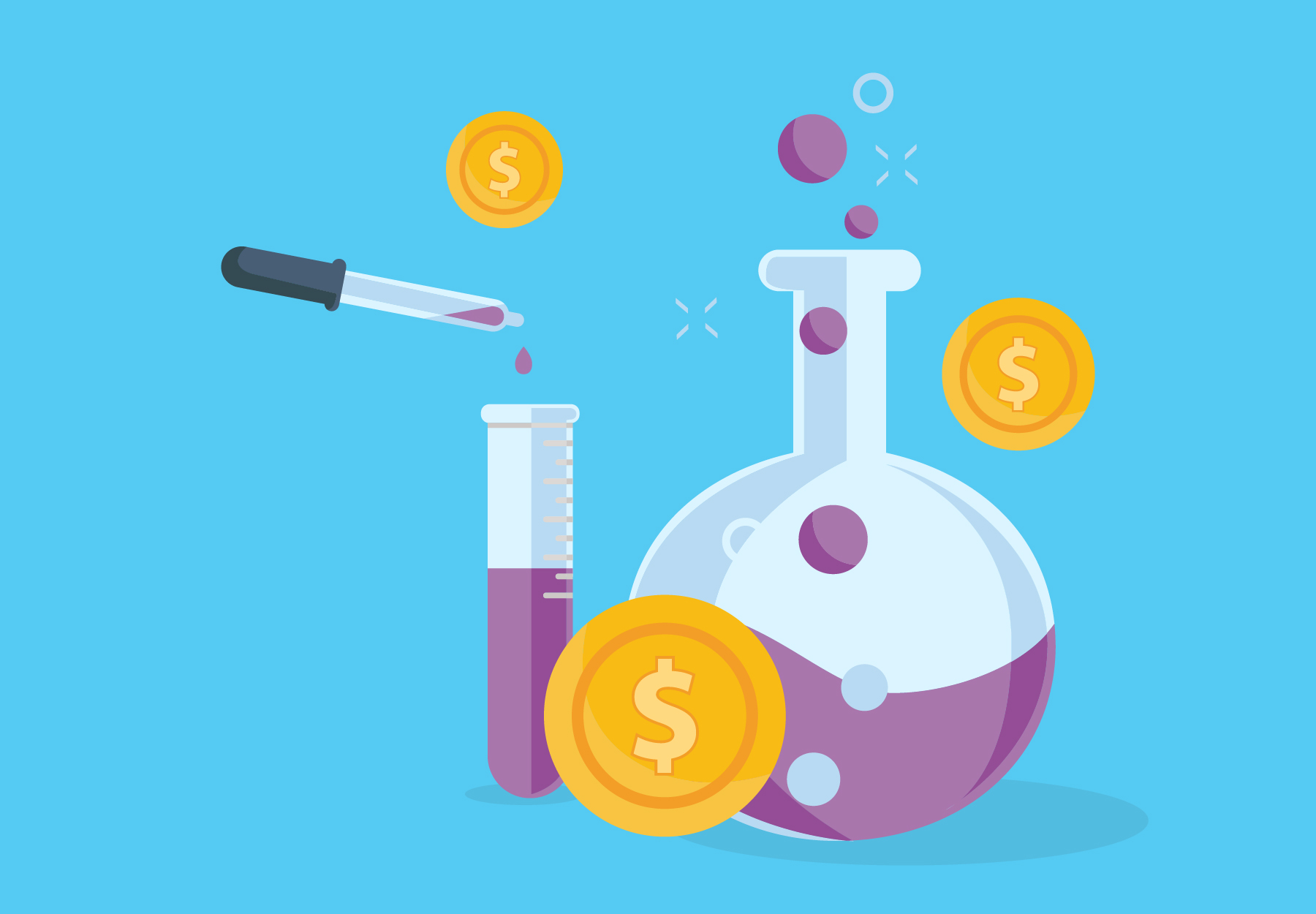 An illustration of a test tube with a pipette and beaker, both filled with purple liquid, surrounded by gold coins to show the concept of laboratory test pricing.