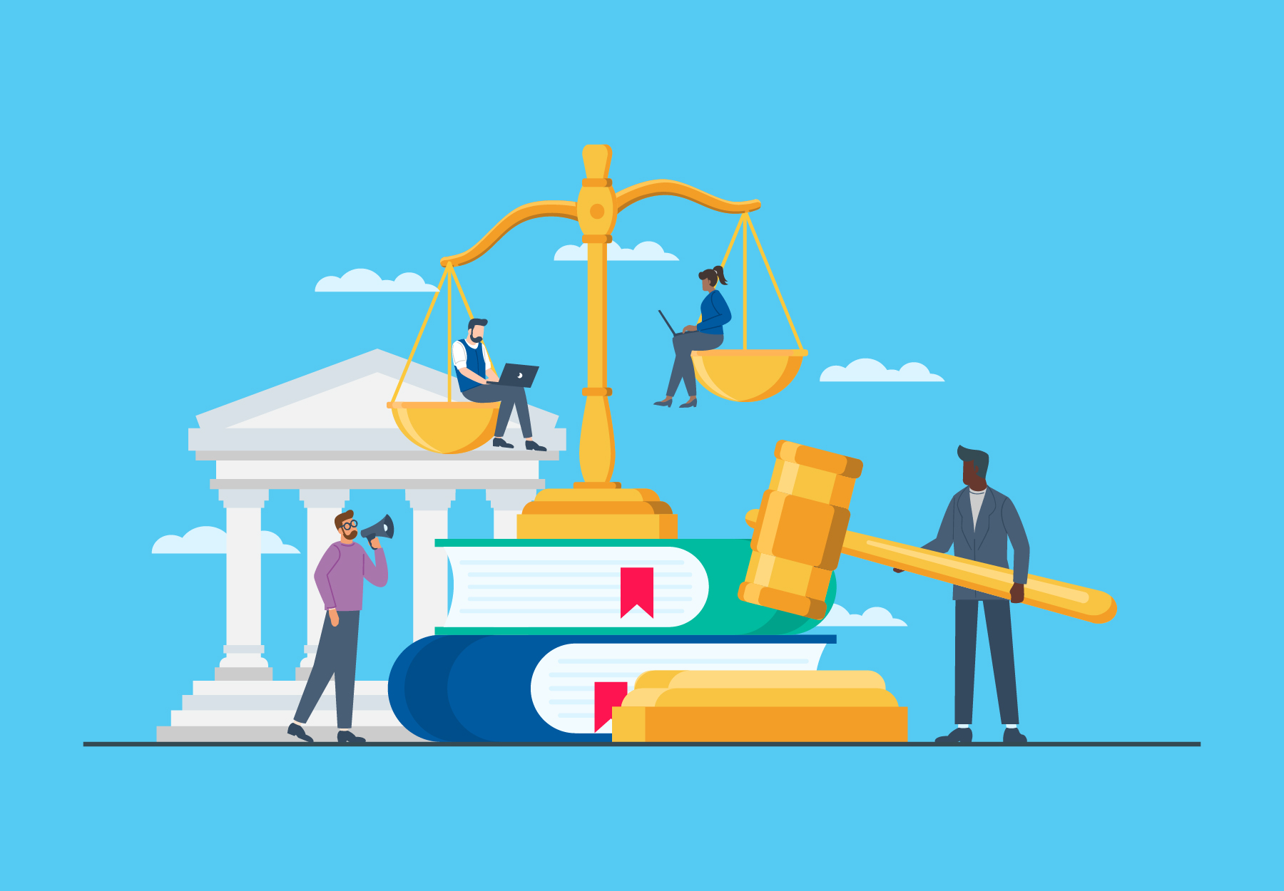 An image of various people around a stack of books, legal scales and legislative building. One person is holding a gavel. New legislation concept.
