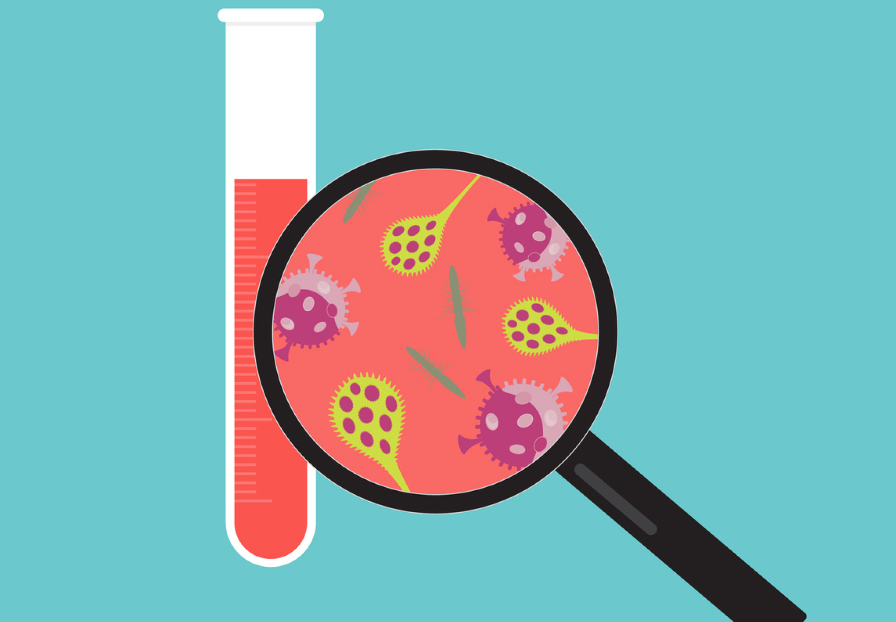 Illustration of a test tube of blood with a magnifying glass held up to it, showing a variety of viruses. Infectious disease testing concept. iStock image.