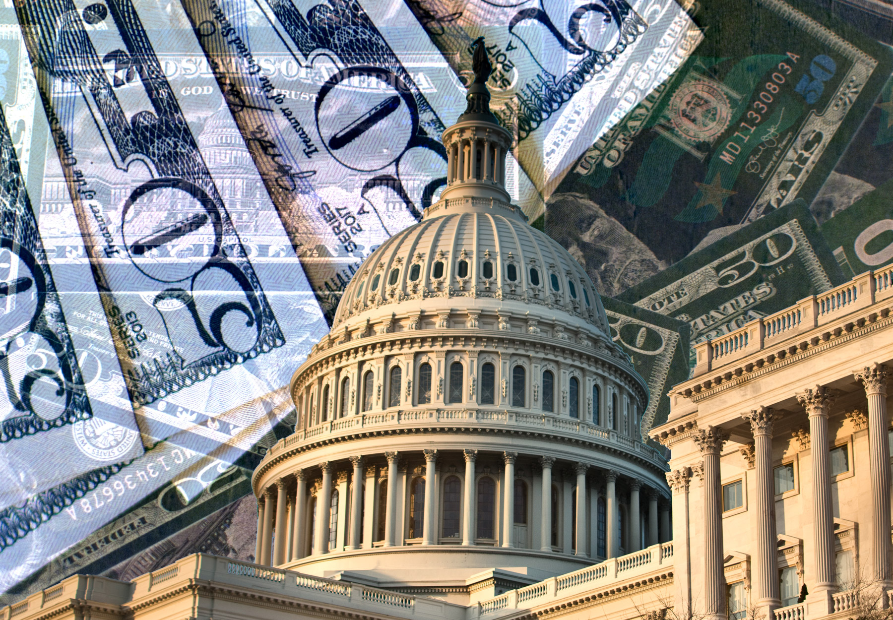 Image of Capitol Hill building with US dollar bills in background. iStock image.