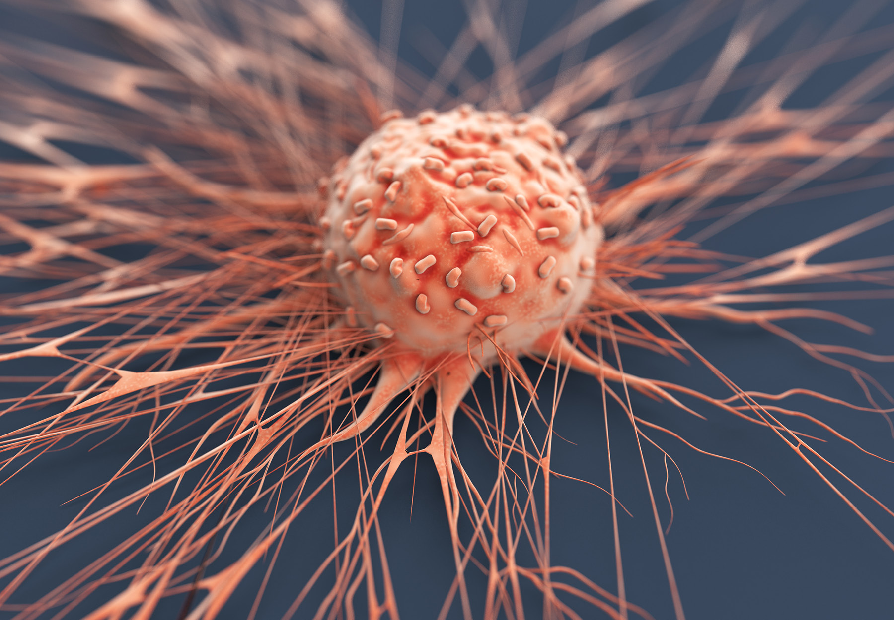 Human Cancer Cell stock photo in orange with a dark grey background. iStock image.