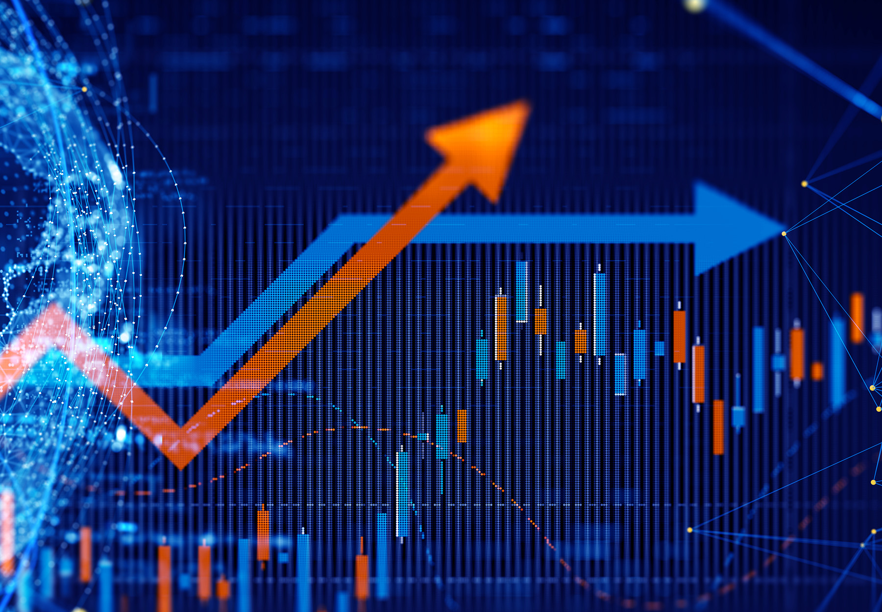Abstract image of blue and orange graph with arrows pointing up and down. Financial results concept. iStock image.