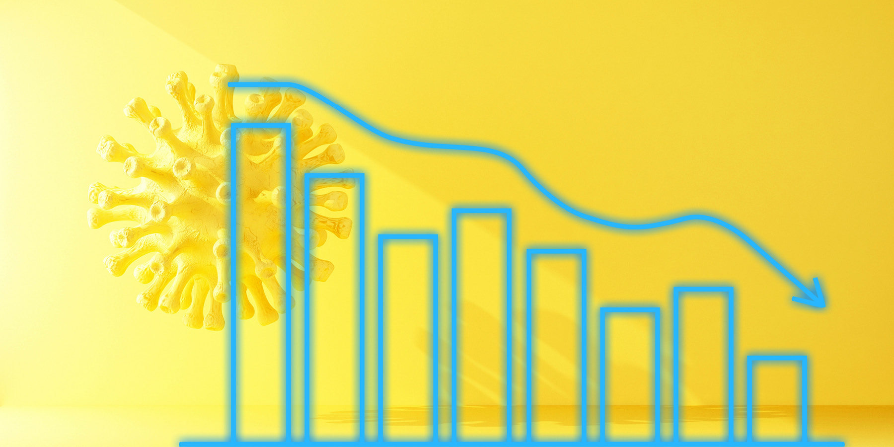 yellow coronavirus bacteria chart shows decline. 3d illustration