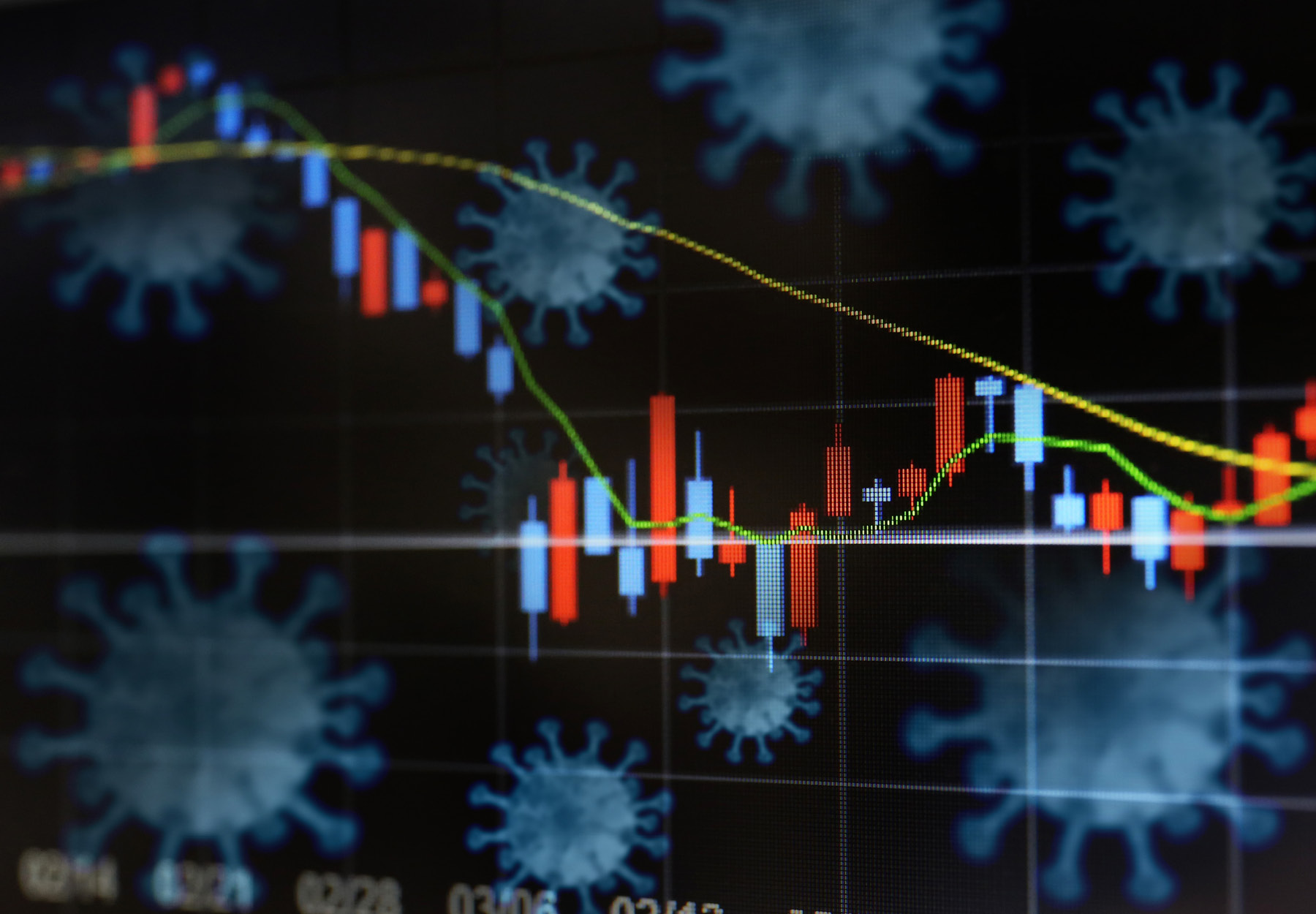 Blue and red business earnings and losses graph on a black background with blue coronavirus molecules. iStock image.