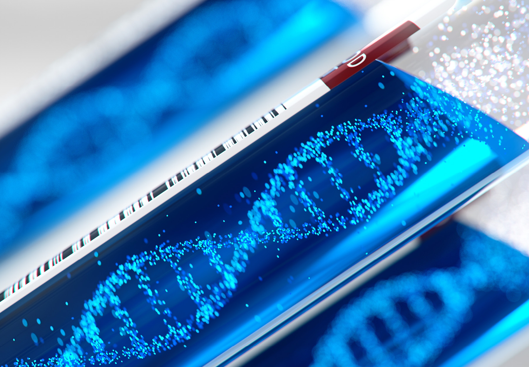 Close up of test tubes with blue illustration of DNA strands inside. Genetic testing concept. iStock image.