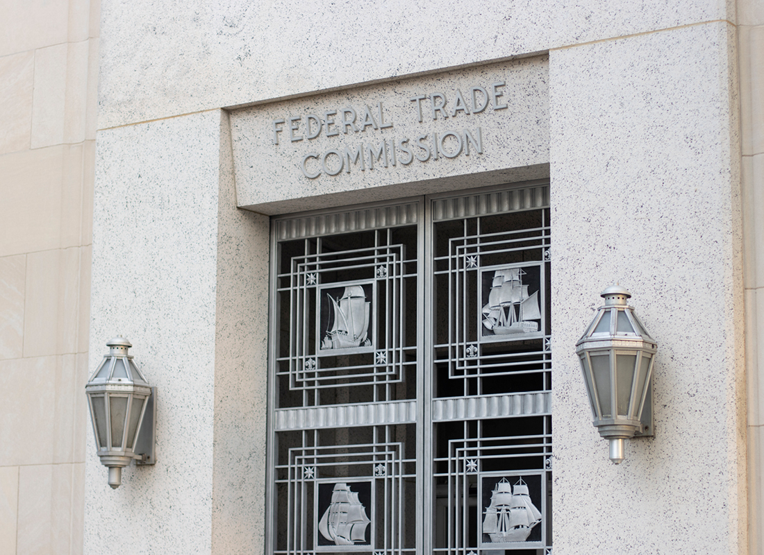 One of the entrances to the Federal Trade Commission Building in Washington, DC, that serves as the headquarters of the Federal Trade Commission (FTC). Stock image.