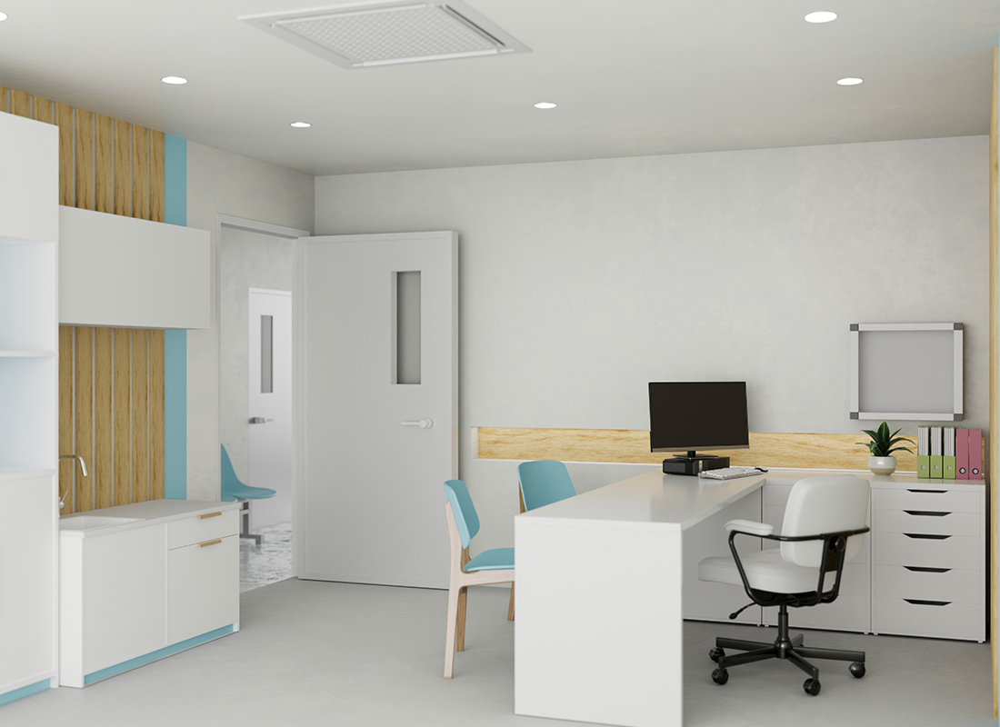 Modern white and bright doctor office or medical office interior design with computer on doctor office desk, files cabinet, and decor. 3d rendering, 3d illustration.