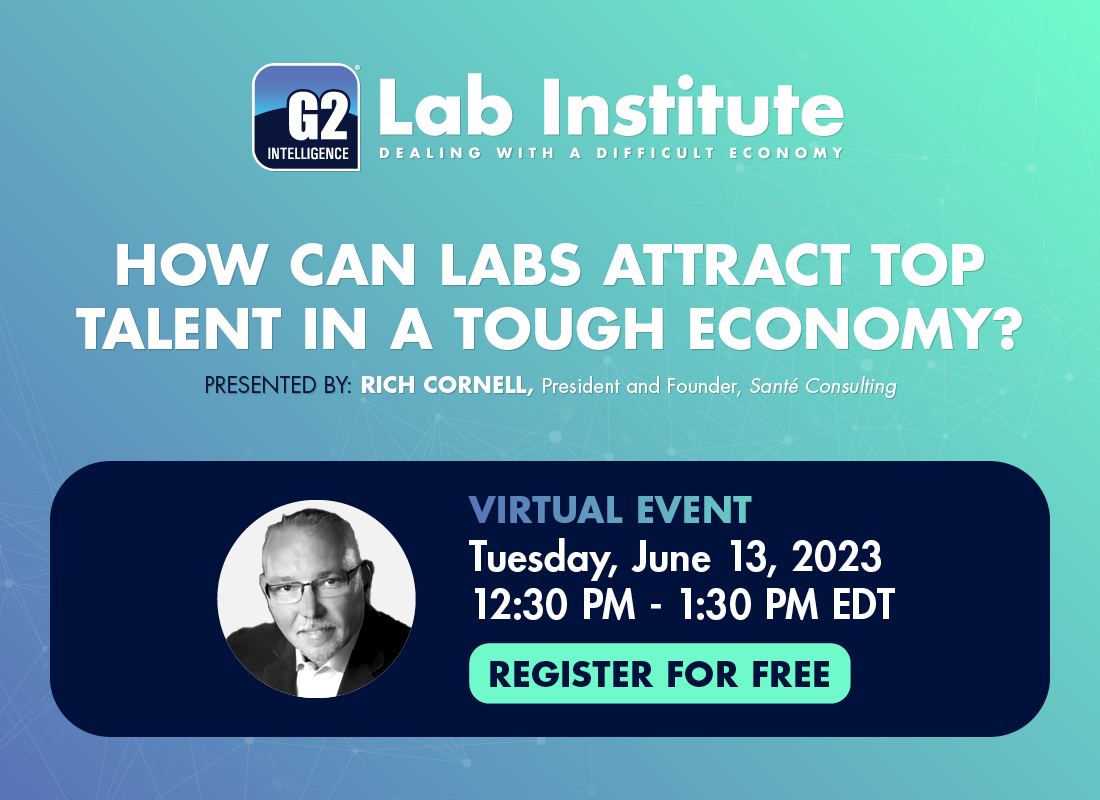 A blue, light green, and white banner promoting Rich Cornell's G2 2023 June Lab Institute presentation on attracting top talent to labs in a difficult economy.