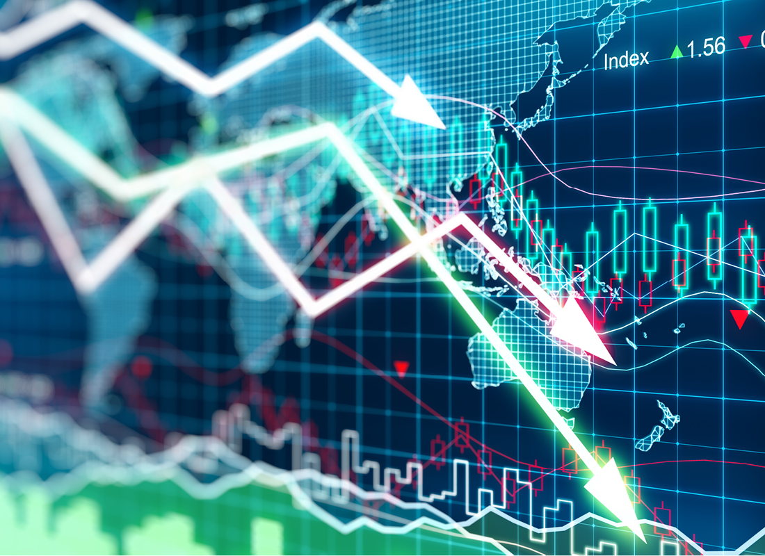 Business graph with arrows trending downward. Financial difficulties concept.