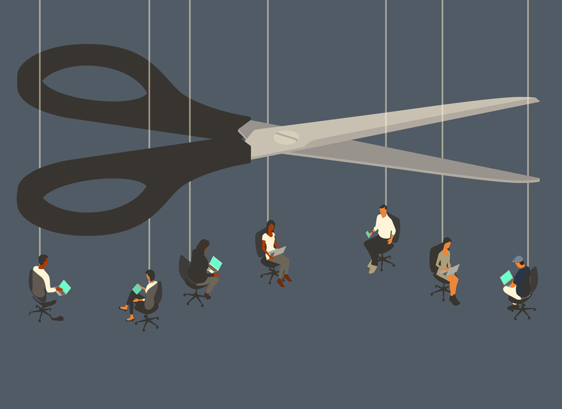Layoffs are illustrated by an oversized pair of scissors, that looms over seven workers sitting in office chairs suspended by strings. Employees use their laptop computers and mobile devices, but some of their jobs could be cut at any time, as they are shown hanging by a thread. Their jobs are on the line. Conceptual illustration uses a flat, limited color palette over a dark blue background, presented in isometric view on a 16x9 artboard.