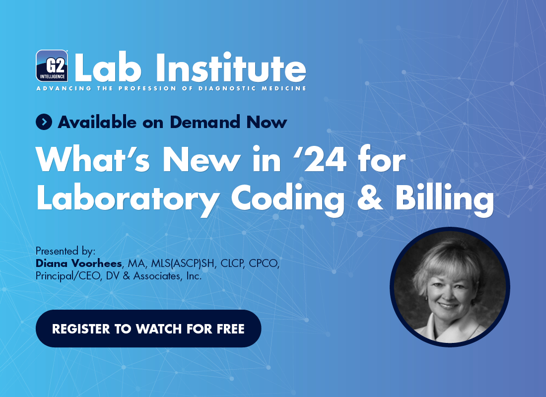 A blue and white banner promoting Diana Voorhees' G2 webinar on laboratory billing and coding updates for 2024