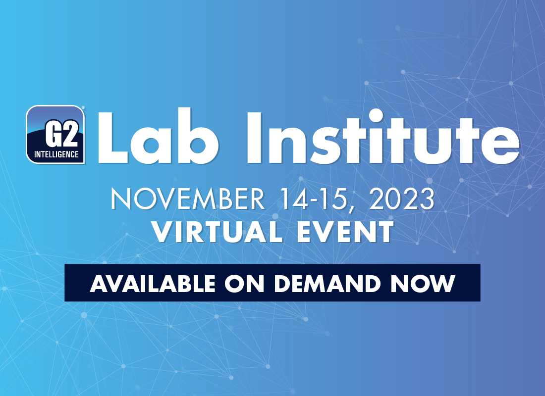 A blue and white banner promoting the on-demand version of the November 2023 G2 Intelligence Lab Institute Virtual Event