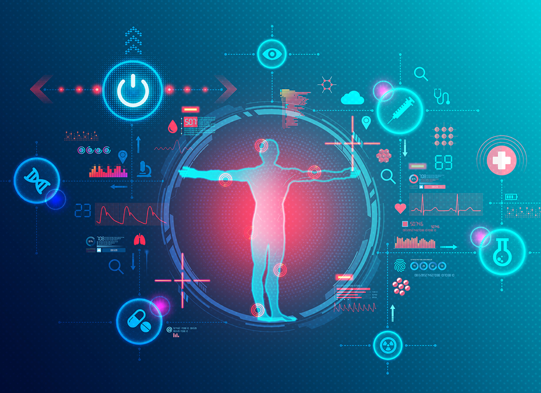 Illustration of human figure surrounded by medical icons to illustrate the concept of medical technology innovation.