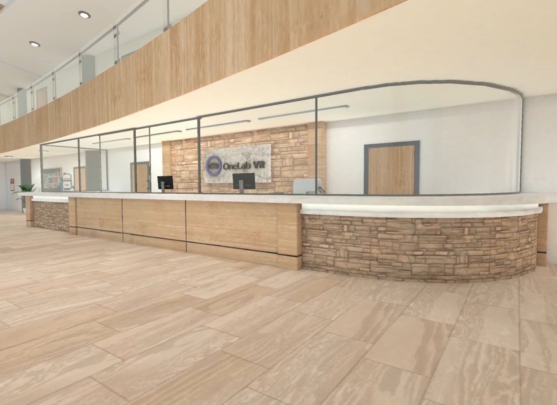 A tan-colored computer-generated laboratory lobby with front desk.