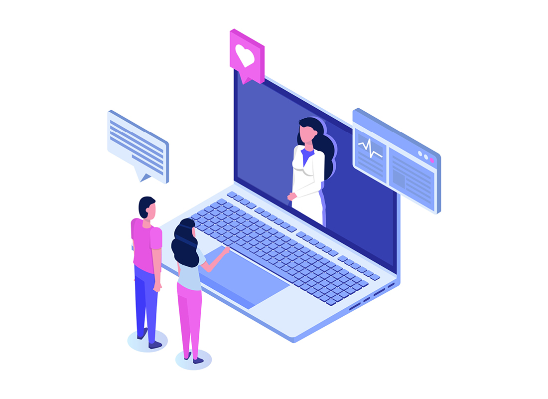 Artist’s representation of a laboratorian consulting virtually with patients via test results and messaging.