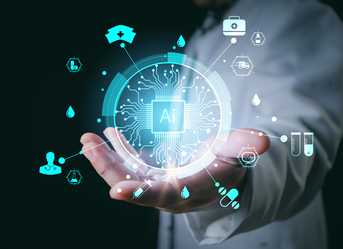 A laboratory professional holds an illustration with “Ai” in the center and medical icons surrounding it in the palm of their hand, illustrating the concept of AI in the laboratory.