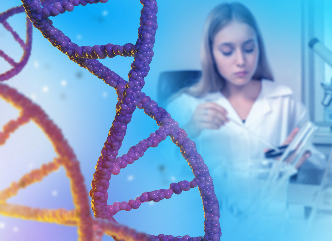 An abstract photographic representation of genetics, showing DNA double helices in the foreground and a laboratory scientist in the background performing analyses.