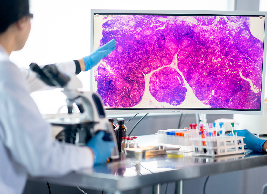 Pathologist points to digital pathology image